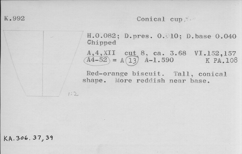 Index card with typed and handwritten information, sometimes including a sketch, of pottery from an excavation.