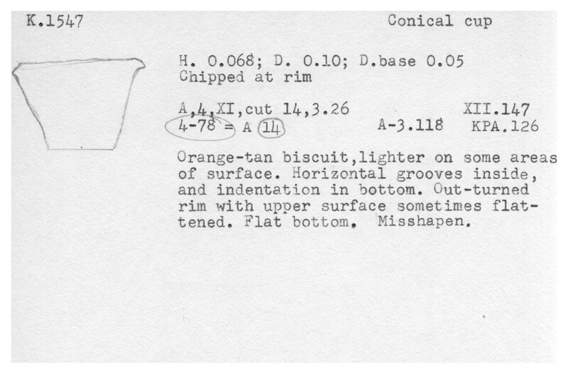 Index card with typed and handwritten information, sometimes including a sketch, of pottery from an excavation.