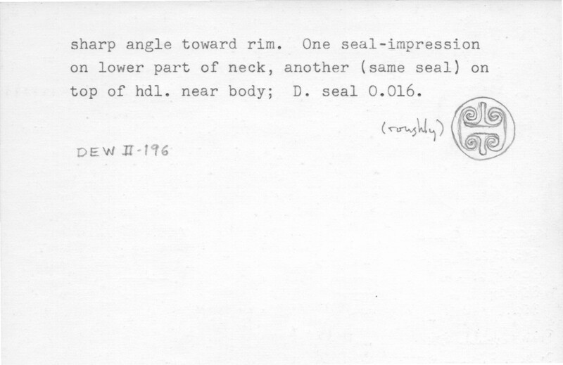 Index card with typed and handwritten information, sometimes including a sketch, of pottery from an excavation.