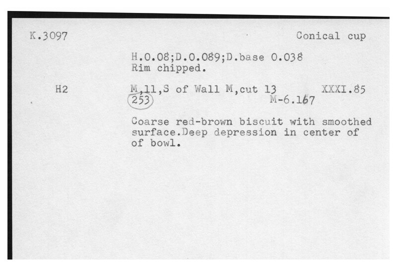 Index card with typed and handwritten information, sometimes including a sketch, of pottery from an excavation.