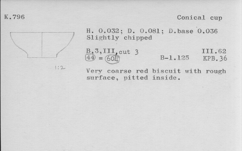 Index card with typed and handwritten information, sometimes including a sketch, of pottery from an excavation.