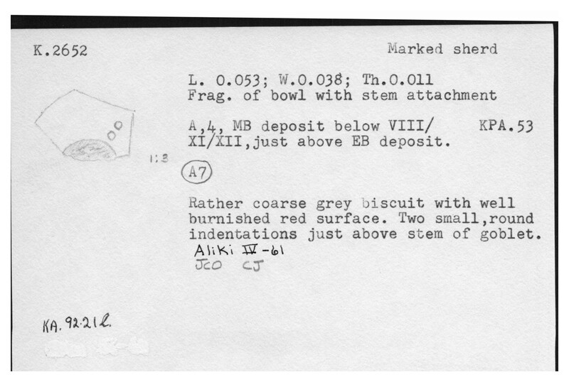 Index card with typed and handwritten information, sometimes including a sketch, of pottery from an excavation.