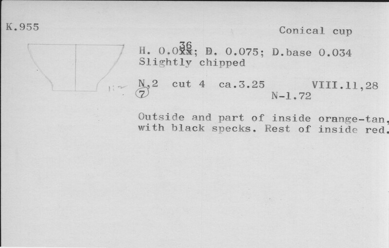 Index card with typed and handwritten information, sometimes including a sketch, of pottery from an excavation.