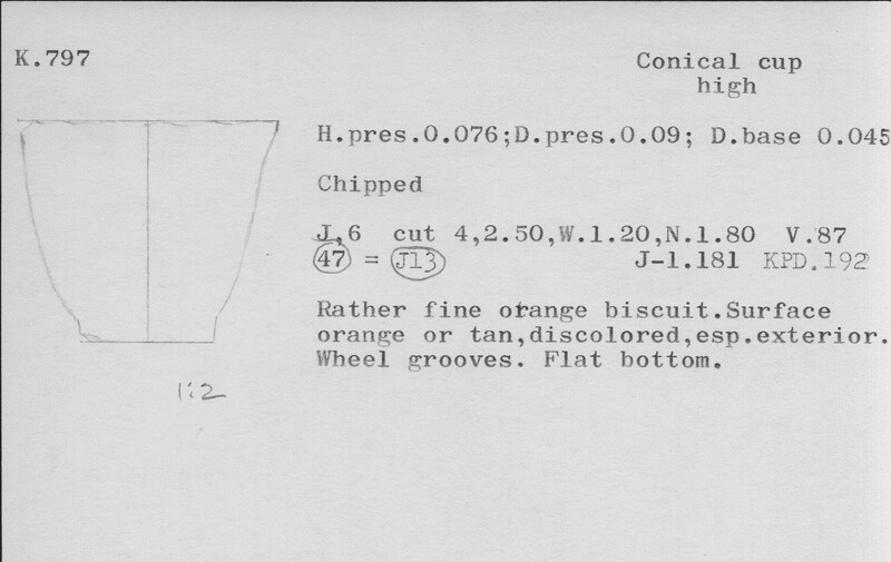 Index card with typed and handwritten information, sometimes including a sketch, of pottery from an excavation.