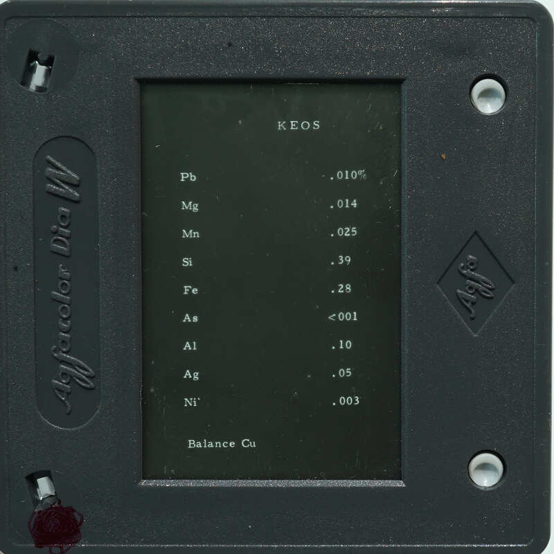 Slide of chart of metallurgy analytic results.