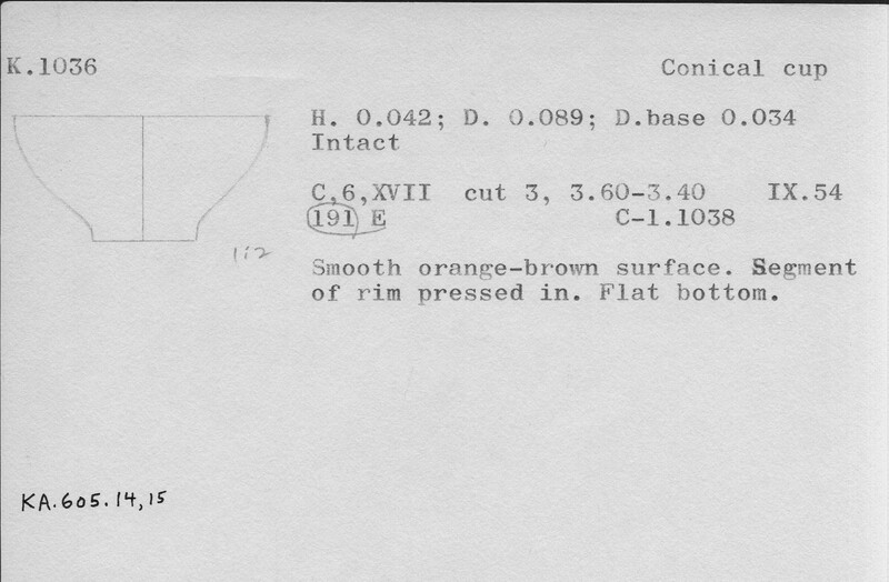 Index card with typed and handwritten information, sometimes including a sketch, of pottery from an excavation.
