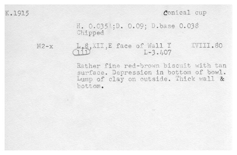 Index card with typed and handwritten information, sometimes including a sketch, of pottery from an excavation.