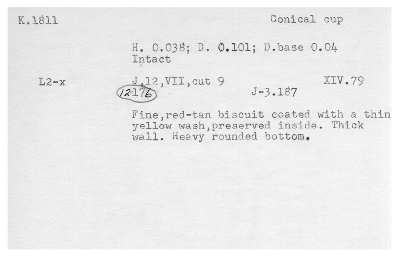 Index card with typed and handwritten information, sometimes including a sketch, of pottery from an excavation.