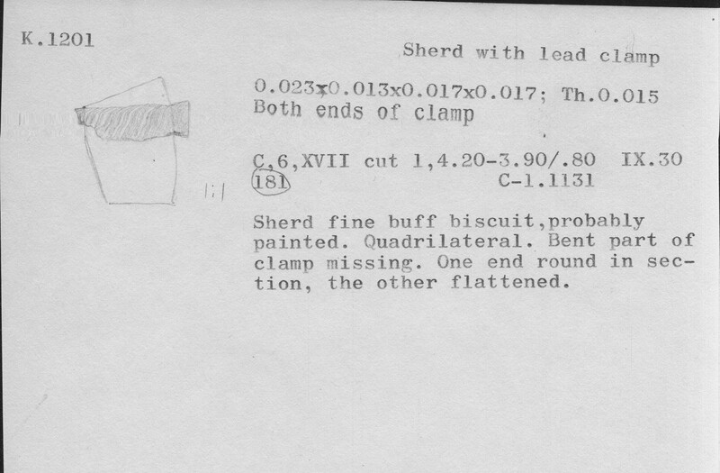 Index card with typed and handwritten information, sometimes including a sketch, of pottery from an excavation.