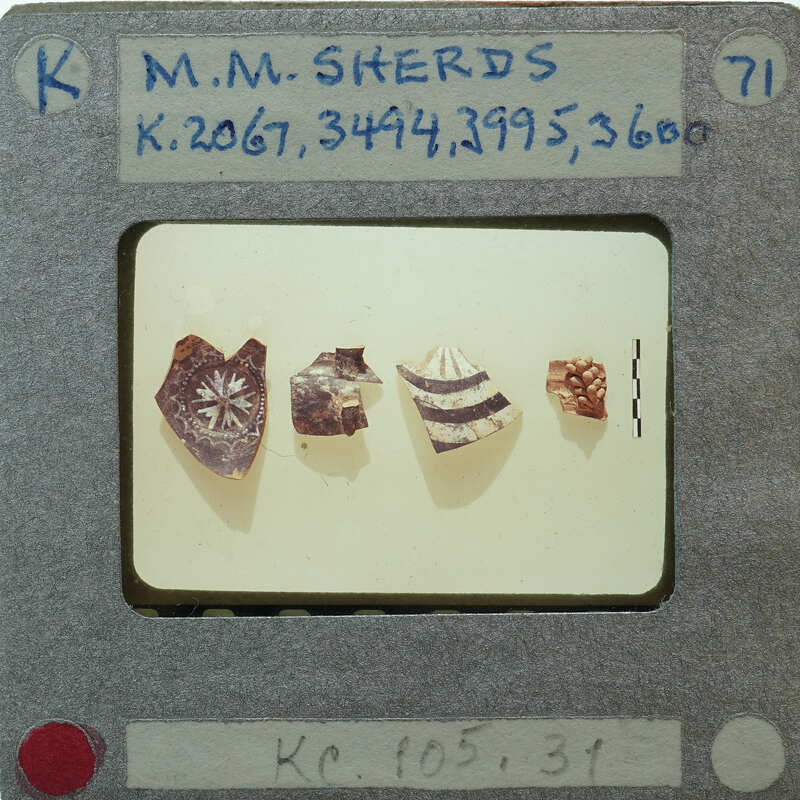 Four pottery sherds showing variety of decorations. K.2067,K.3494, K.3995, K.3600