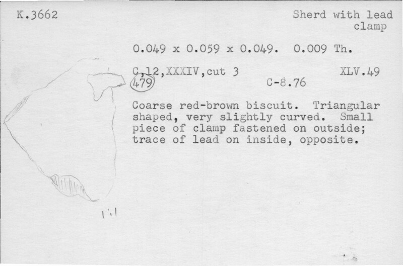 Index card with typed and handwritten information, sometimes including a sketch, of pottery from an excavation.