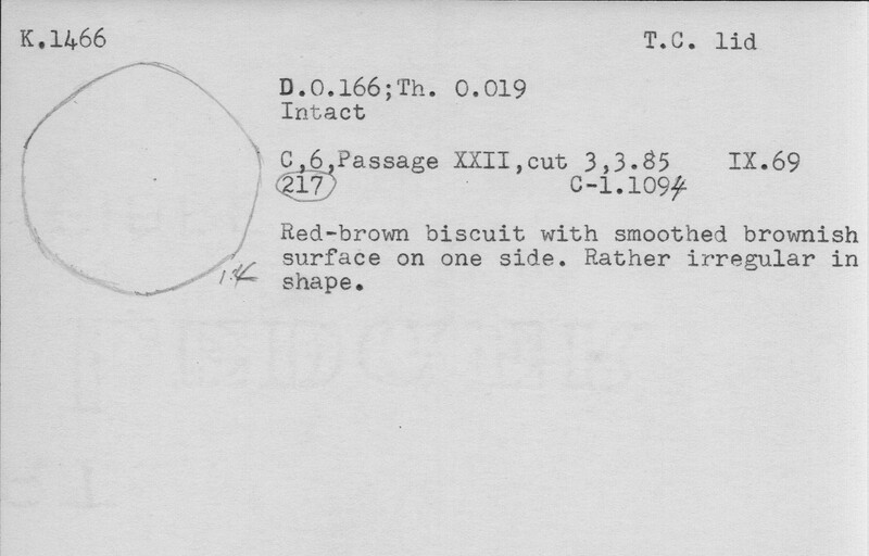 Index card with typed and handwritten information, sometimes including a sketch, of pottery from an excavation.