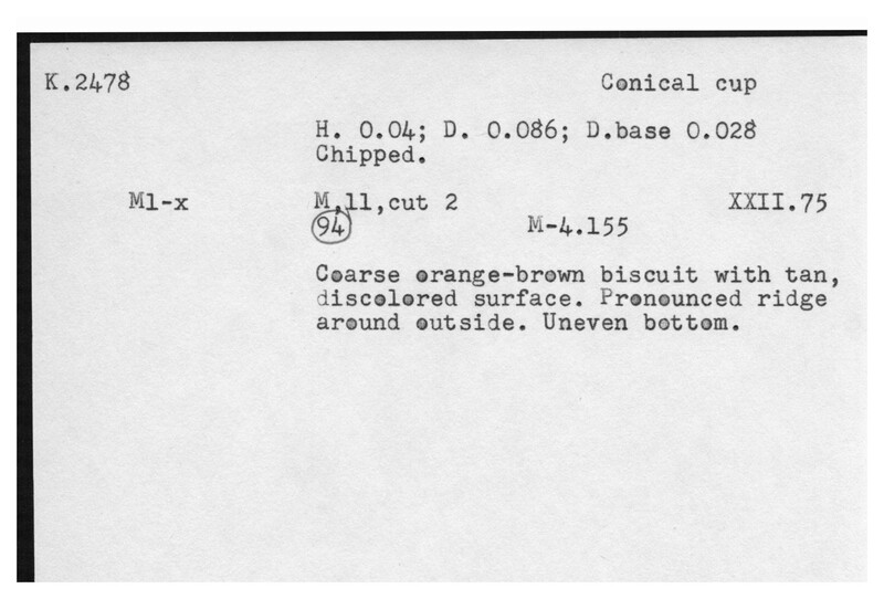 Index card with typed and handwritten information, sometimes including a sketch, of pottery from an excavation.