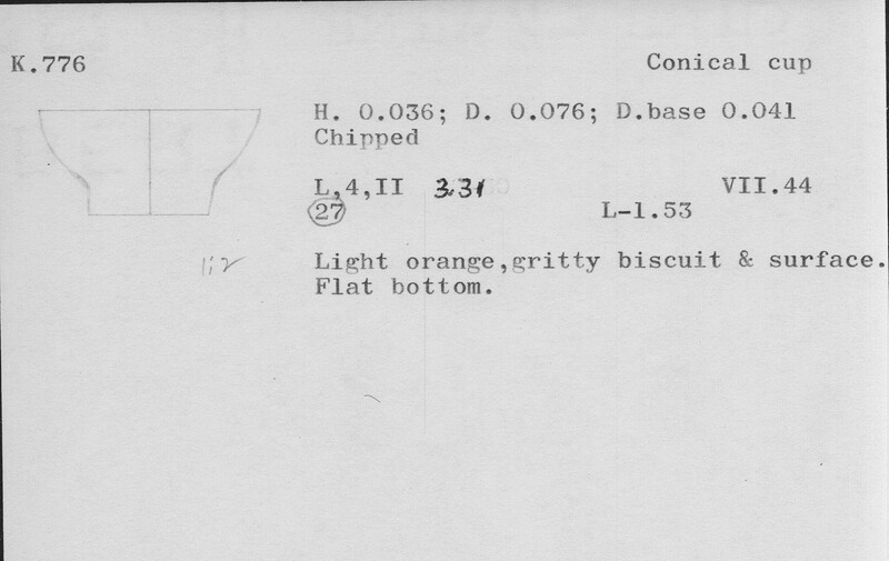 Index card with typed and handwritten information, sometimes including a sketch, of pottery from an excavation.