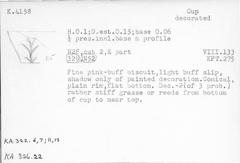 Index card with typed and handwritten information, sometimes including a sketch, of pottery from an excavation.