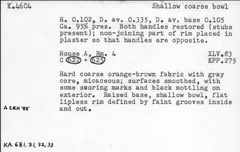 Index card with typed and handwritten information, sometimes including a sketch, of pottery from an excavation.