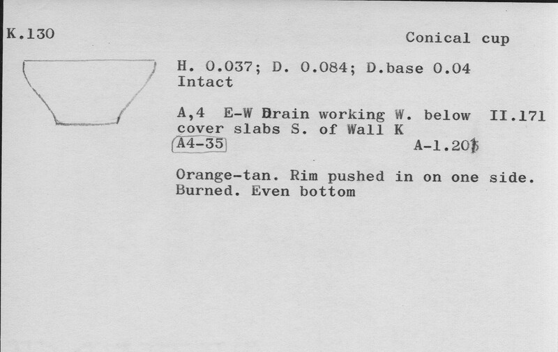 Index card with typed and handwritten information, sometimes including a sketch, of pottery from an excavation.