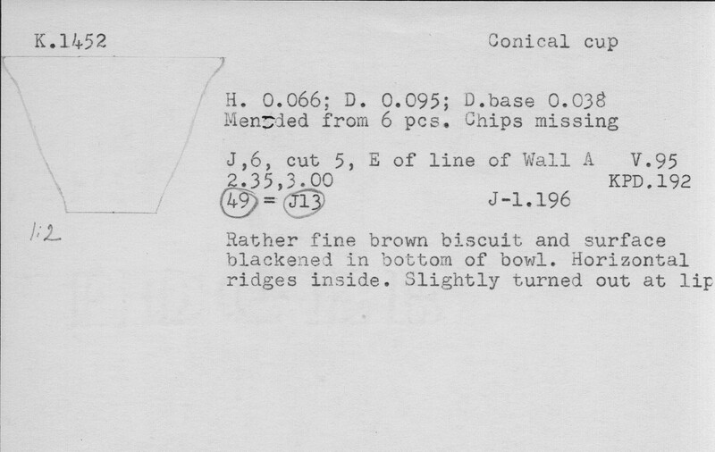 Index card with typed and handwritten information, sometimes including a sketch, of pottery from an excavation.