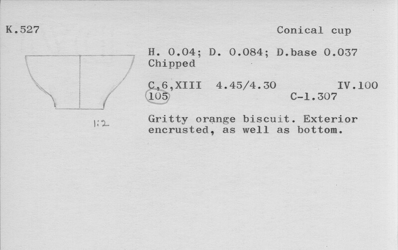 Index card with typed and handwritten information, sometimes including a sketch, of pottery from an excavation.