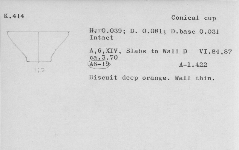 Index card with typed and handwritten information, sometimes including a sketch, of pottery from an excavation.