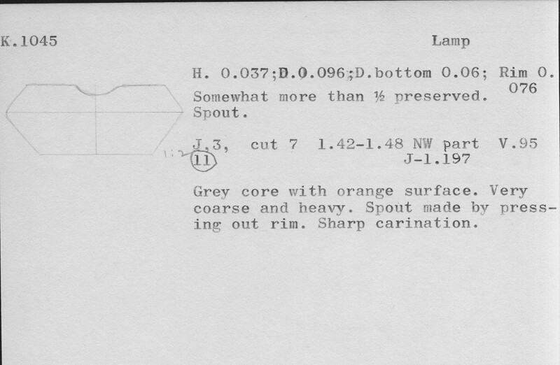 Index card with typed and handwritten information, sometimes including a sketch, of pottery from an excavation.