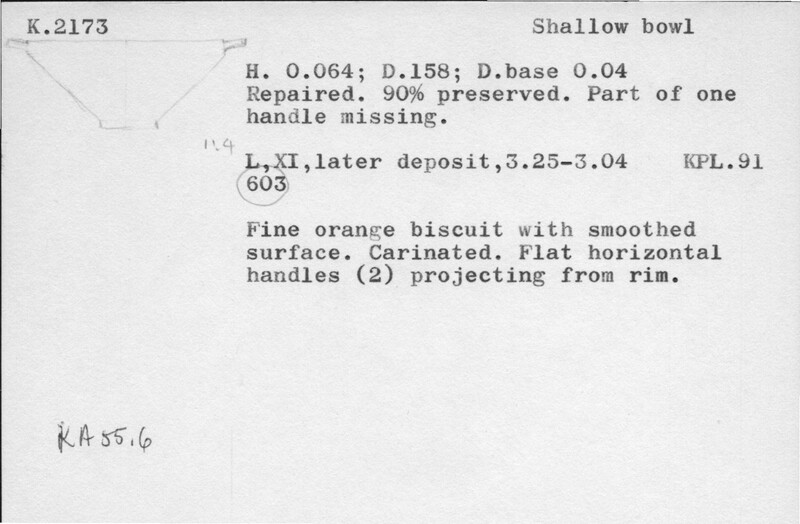 Index card with typed and handwritten information, sometimes including a sketch, of pottery from an excavation.