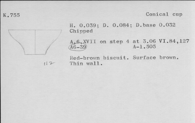 Index card with typed and handwritten information, sometimes including a sketch, of pottery from an excavation.