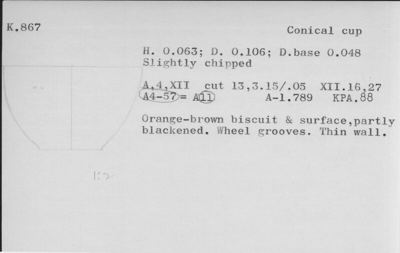 Index card with typed and handwritten information, sometimes including a sketch, of pottery from an excavation.