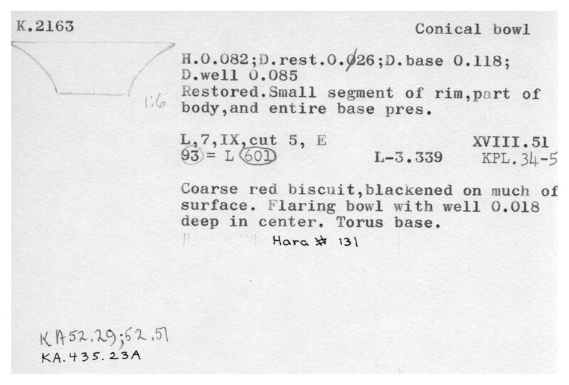 Index card with typed and handwritten information, sometimes including a sketch, of pottery from an excavation.
