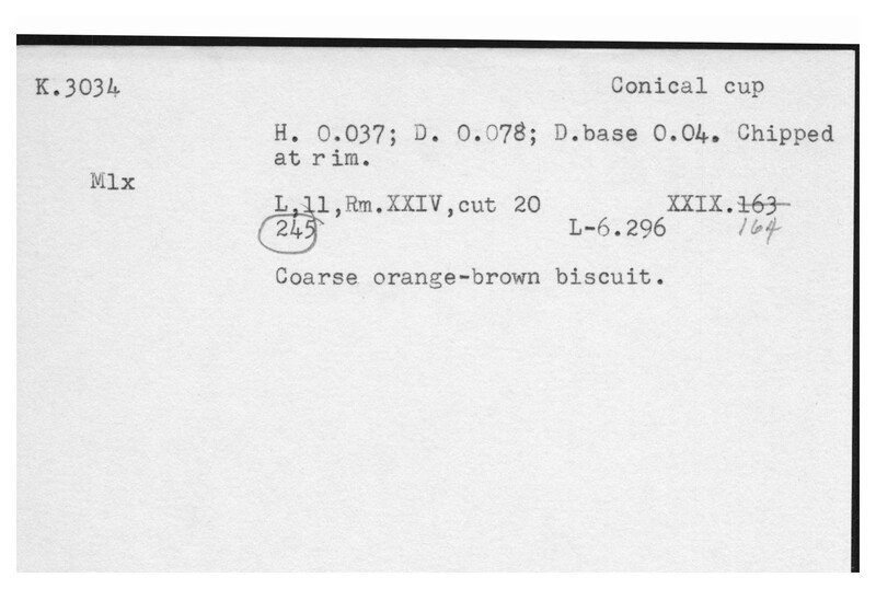 Index card with typed and handwritten information, sometimes including a sketch, of pottery from an excavation.