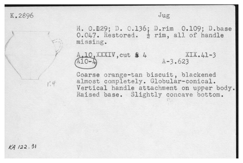 Index card with typed and handwritten information, sometimes including a sketch, of pottery from an excavation.