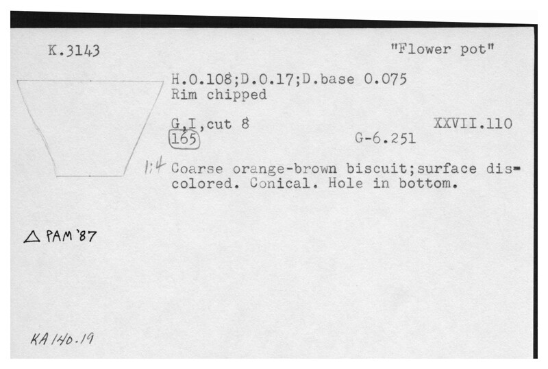 Index card with typed and handwritten information, sometimes including a sketch, of pottery from an excavation.