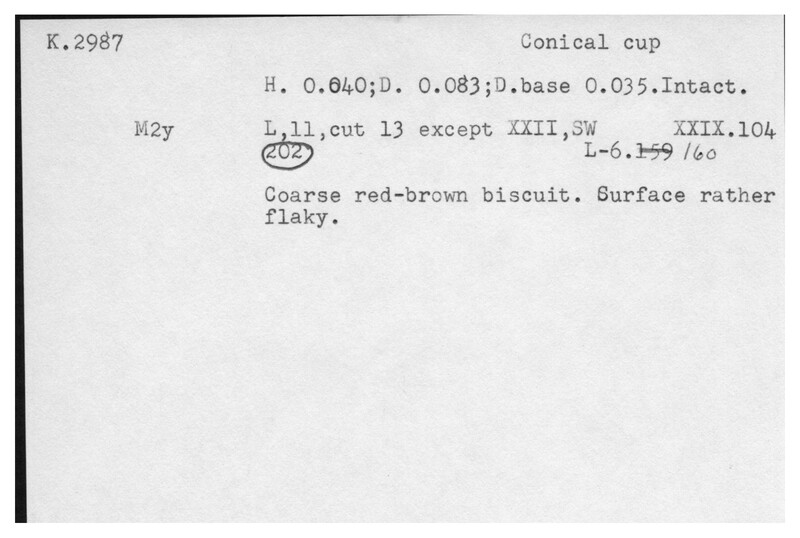 Index card with typed and handwritten information, sometimes including a sketch, of pottery from an excavation.