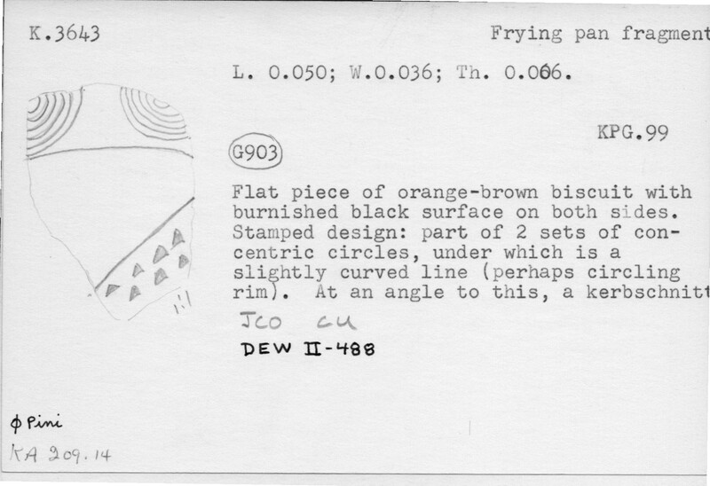 Index card with typed and handwritten information, sometimes including a sketch, of pottery from an excavation.