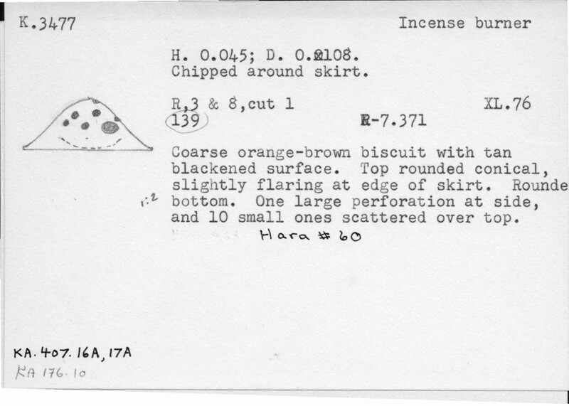 Index card with typed and handwritten information, sometimes including a sketch, of pottery from an excavation.
