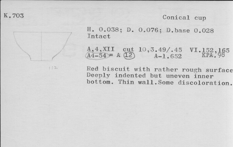 Index card with typed and handwritten information, sometimes including a sketch, of pottery from an excavation.