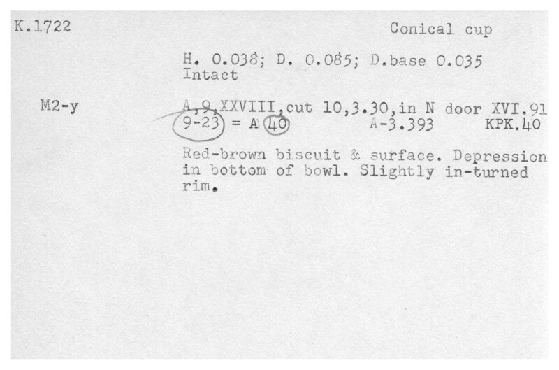 Index card with typed and handwritten information, sometimes including a sketch, of pottery from an excavation.