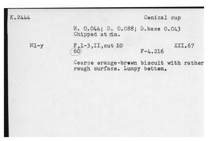 Index card with typed and handwritten information, sometimes including a sketch, of pottery from an excavation.