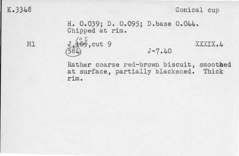 Index card with typed and handwritten information, sometimes including a sketch, of pottery from an excavation.