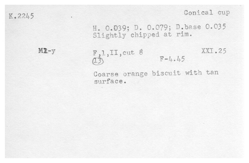 Index card with typed and handwritten information, sometimes including a sketch, of pottery from an excavation.