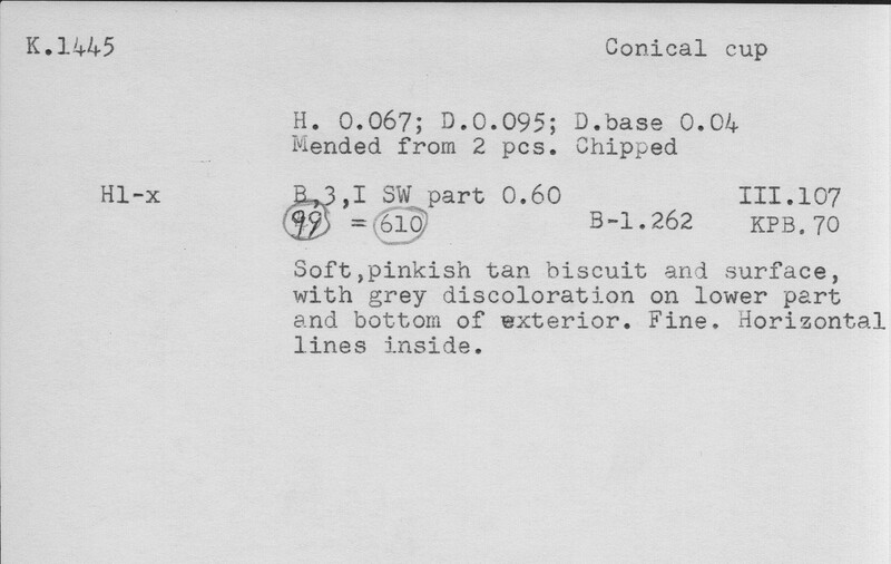 Index card with typed and handwritten information, sometimes including a sketch, of pottery from an excavation.