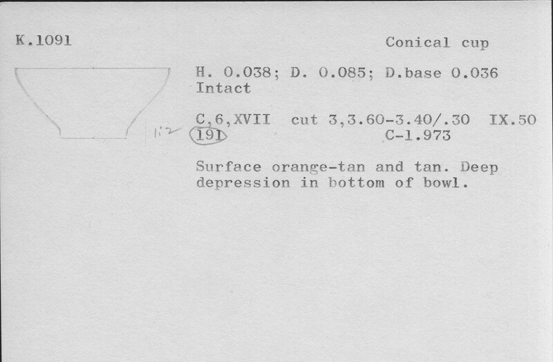 Index card with typed and handwritten information, sometimes including a sketch, of pottery from an excavation.