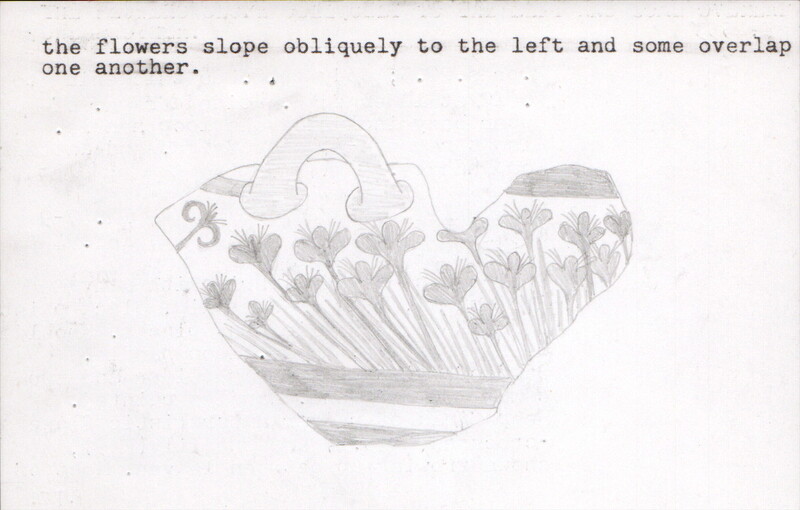 Index card with typed and handwritten information, sometimes including a sketch, of pottery from an excavation.