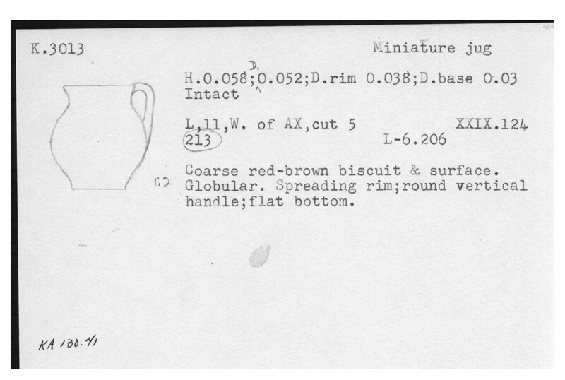 Index card with typed and handwritten information, sometimes including a sketch, of pottery from an excavation.