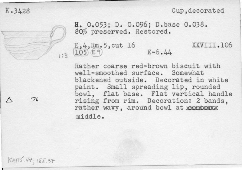 Index card with typed and handwritten information, sometimes including a sketch, of pottery from an excavation.