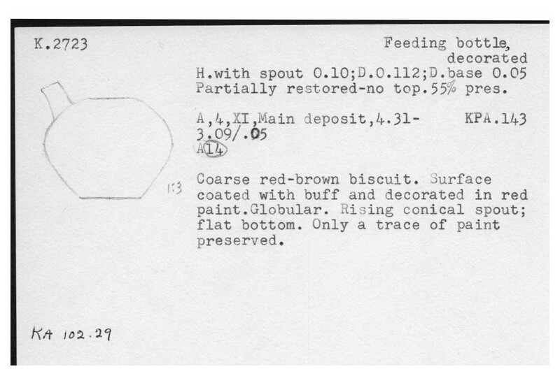Index card with typed and handwritten information, sometimes including a sketch, of pottery from an excavation.