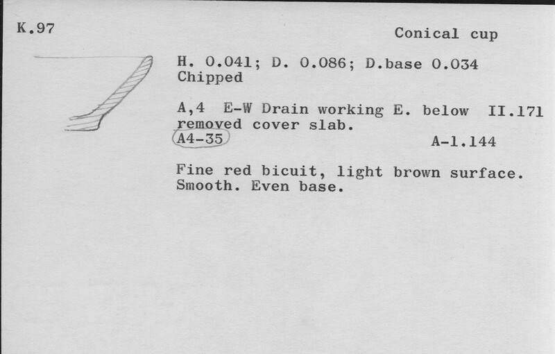 Index card with typed and handwritten information, sometimes including a sketch, of pottery from an excavation.