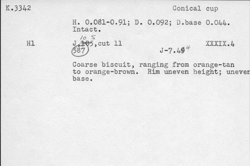 Index card with typed and handwritten information, sometimes including a sketch, of pottery from an excavation.