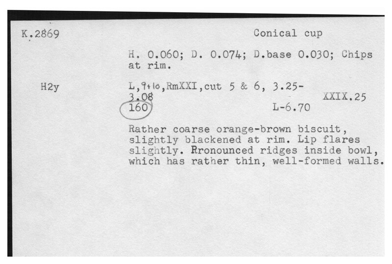Index card with typed and handwritten information, sometimes including a sketch, of pottery from an excavation.