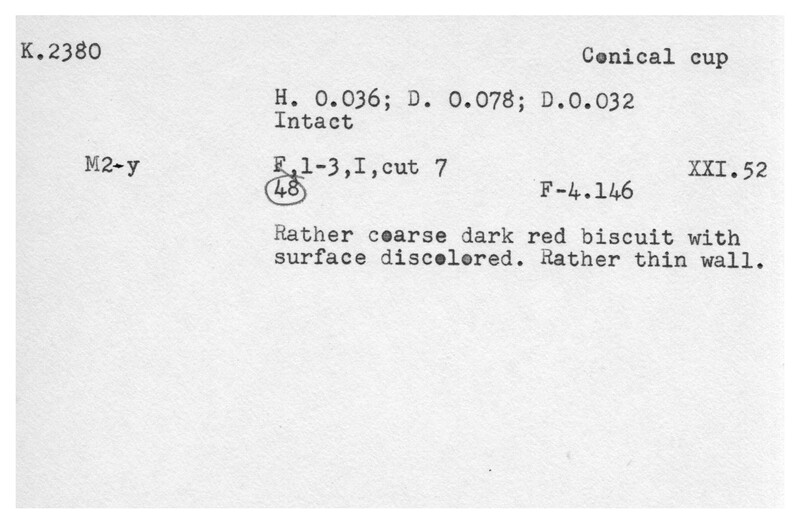Index card with typed and handwritten information, sometimes including a sketch, of pottery from an excavation.